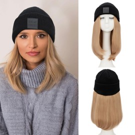 S-noilite Beanie Wig Hair Extensions,11 Inch Short Straight Hair Extensions with Knitted Hat Hairpieces for Women Girls Winter Ash Blonde