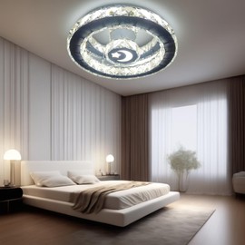 LUOULMI Dimmable 18W Modern LED Chandelier 2 Ring Ceiling Light Crystal Chandelier for Dining Room Living Room Bedroom, 3 Colors Adjustable (Cool, Warm, Neutral White), Dia 4"+11.8"(Star Moon 300)