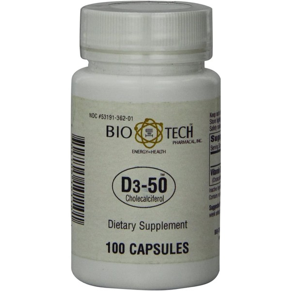 Bio-Tech Pharmacal D3-50 50,000 IU, 100 Capsules – All-Natural Supplement – Supports Bone, Cardiovascular, Neuromuscular, & Immune Health – No Dairy, Fish, Gluten, Peanut, Shellfish, & Soy