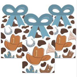 Big Dot of Happiness My First Rodeo - Square Favor Gift Boxes - Little Cowboy 1st Birthday Party Bow Boxes - Set of 12