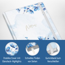paper&you® Notebook A5+ Lined with Elastic Band "Blue Blossoms" 156 Pages, 78 Sheets - Bullet Journal, Diary, Notebook - Sustainable and Climate Friendly
