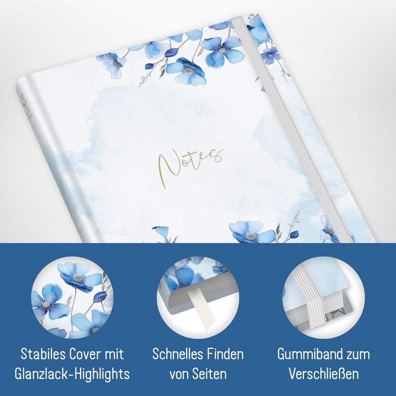 paper&you® Notebook A5+ Lined with Elastic Band "Blue Blossoms" 156