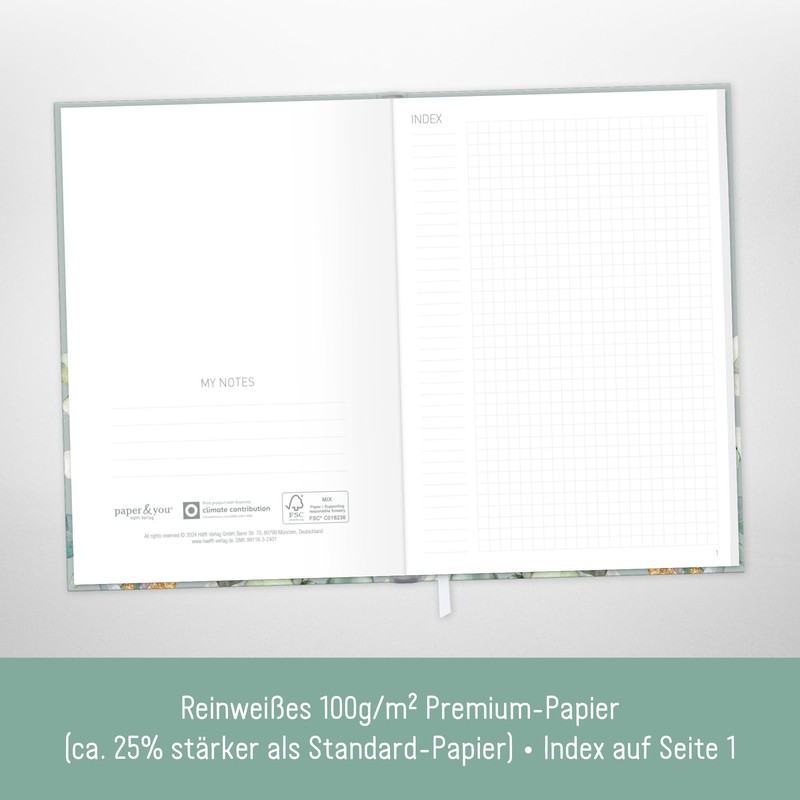 paper&you Notebook A5+ Squared with Elastic Band "Minty Leaves" 156