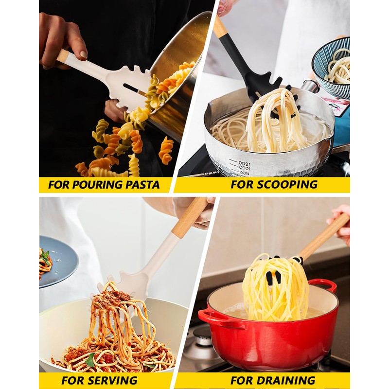 Pack of 2 Spaghetti Spoon, Silicone Pasta Fork with Wooden