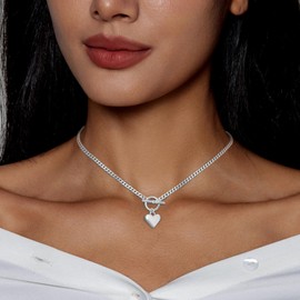 HERIER Heart Necklace for Women Silver Chunky Heart Pendant Necklaces for Women Trendy Link Chain Silver Toggle Clasp Charm Necklace Jewelry Gifts