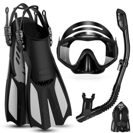 Odoland Kids Snorkeling Packages Snorkel Set, Anti-Fog and Anti-Leak Dry Top Snorkel Mask with Adjustable Swim Fins, Black