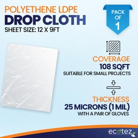 Ecotez 1 Mil 12 x 9 ft Extra Large Painter’s Plastic Drop Cloth Painting Sheet-Strong & Durable Dust Cover-Clear Plastic Sheet-Plastic Sheeting-Plastic Cover-Paint Drop Cloth- Plastic Floor Protector