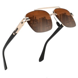 KINGSEVEN Aluminum Magnesium Square Polarized Sunglasses for Men Women Half-Frame Driving Sunglasses UV400 Protection 7666 (Gold Brown)