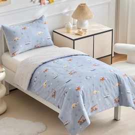 DuShow Cotton Toddler Duvet And Pillowcase Set,Blue Car Cot Bed Duvet Cover Set For Boys,Reversible Junior Toddler Bedding Set,Car-120 x 150 cm