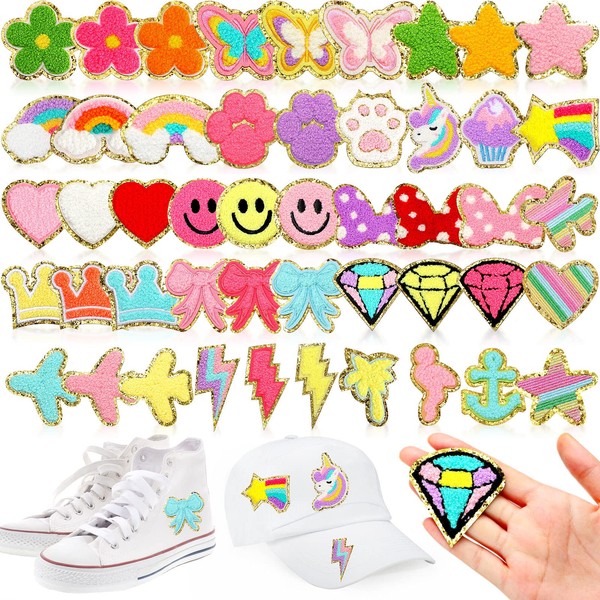 48 Pcs Iron on Patches Self Adhesive Chenille Patches for Backpacks Applique Patches Rainbow Heart Smile Face Star Flower Paw Embroidered Patch for Clothing Fabric Jackets Jeans Repair (Cute Style)