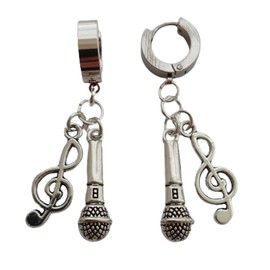 Music Note and Microphone Dangle Small Hoop Earrings, Original Stainless Steel Ear Clip for Man Woman, Music Lover Jewelry