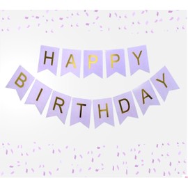 Happy Birthday Banner Purple Lilac Pastel Bunting Girls Women with Shimmering Gold Foil Letters Party Decorations