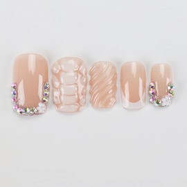 BABALAL Press on Nails Short Square Fake Nails with Glue White French Tip Acrylic Nails 3D Texture Handmade Design False Nails Supplies with Charm Bling Press-ons 24Pcs Squoval Nails for Women Girls