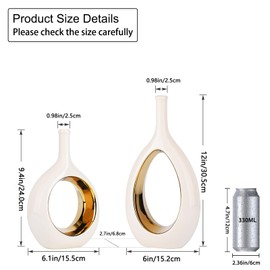 White and Gold Vase Ceramic White Vases Home Decor,Modern Minimalist Circle with Hole Decorative Vase, Hollow Ellipse Flower vases for Bookshelf, Fireplace Mantle, Centerpieces,Farmhouse,Rustic Décor