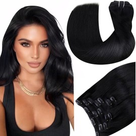 Hetto Clip in Hair Extensions Black Women Jet Black Hair Extensions Real Human Hair Clip ins Extensions Black 12 Inch 7pcs 90g