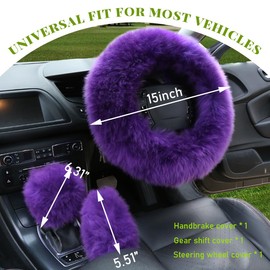 Ohleats 3PCS Pure Wool Steering Wheel Cover, 15 Inches Furry Steering Wheel Protector with Handbrake & Gear Shift Cover, Universal Soft Fluffy Steering Wheel Car Accessories (Purple)
