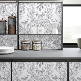 Yun-aeon Deer and Nature Peel and Stick Wallpaper Black and White Floral Wallpaper 17.3" x 200" Removable Self Adhesive Decor Contact Paper for Cabinets Drawers Liner Bedroom