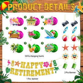 Hawaiian Retirement Party Decorations Happy Retirement Banner Flamingo Palm Pineapple Hanging Swirls Tropical Retirement Decorations for Summer Beach Party Supplies Favor Decor