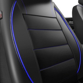 CAR PASS Universal FIT Piping Leather Two Front Seat Covers, Waterproof Faux Leather for SUV Sedan Van Truck, Airbag Compatible,Reserved Opening Holes for Headrest Covers. (Black and Blue)