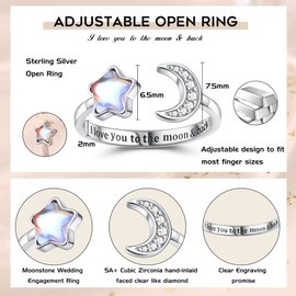 Kakonia 925 Sterling Silver Rings for Women Girls Adjustable Moonstone Opal CZ Open Ring I Love You to The Moon&Back Ring Moon Star Stackable Knuckle Thumb Promise Wedding Engagement Rings