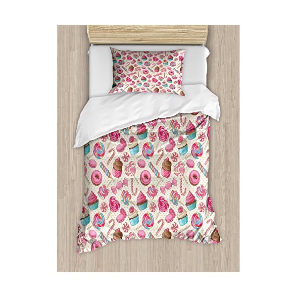 Ambesonne Candy Cane Duvet Cover Set, Yummy Lollipop Candy Macaroon