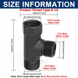 NearMoon Solid Brass G1/2" 3 Way Diverter Valve - Hose Fitting Tee, T Shape Adapter Connector for Angle Valve Hose, Bath Shower Arm, and Toilet Bidet Sprayer Faucet (Matte Black)