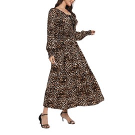 OSTOO Women's 2025 Casual Long Sleeve Square Neck Smocked High Waist Flowy Maxi Dress,Boho Tiered Beach Party Dress(Leopard,M)