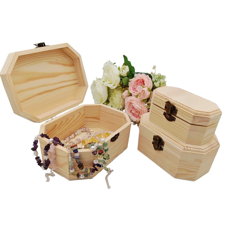 Anktily 3 Pack Wood Treasure Chest, 3 Size Unfinished Wooden