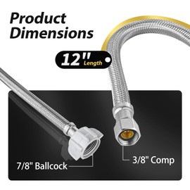 2 Pack Foskan 12-Inch Braided Toliet Hose,3/8" Comp x 7/8" Ballcock,Stainless Steel Water Supply Line for Toilet Hose Replacement（12" Length）