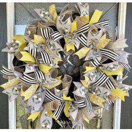 Bee Themed Farmhouse Wreath, Decor, Fall, Spring, Summer, Front Door, Burlap Wedding Farmhouse Decor, French Country Decor
