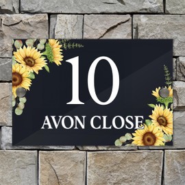Badgemaster Modern Anthracite House Number Sign Plaque Stainless Steel Standoffs 20cm x 13cm Autumn Fall Sunflower Border