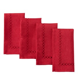 Newbridge Square Fabric Napkins, Set of 4 Napkins, Christmas Provence Lattice Cutwork Solid Color Textured, Water and Stain Resistant Easy Care, Holiday Red