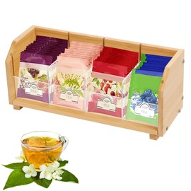 Qivine Wooden Tea Box, Bamboo Tea Caddy for Tea Bags with 4 Compartments, Tea Caddy Holds Up to 60 Tea Bags, Tea Box Organiser Suitable for Individually Wrapped Tea Bag and Sugar Sachet