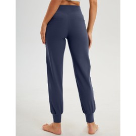VOOVEEYA Women's Joggers Yoga Pants with Pockets High Waisted Tapered Lounge Pants Tummy Control Navy Blue-M