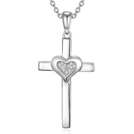 Sonouli Lab Grown Diamond Heart Cross Pendant Necklace Diamond Cross Necklace Gift for Women, Normal, Sterling Silver, lab grown diamond