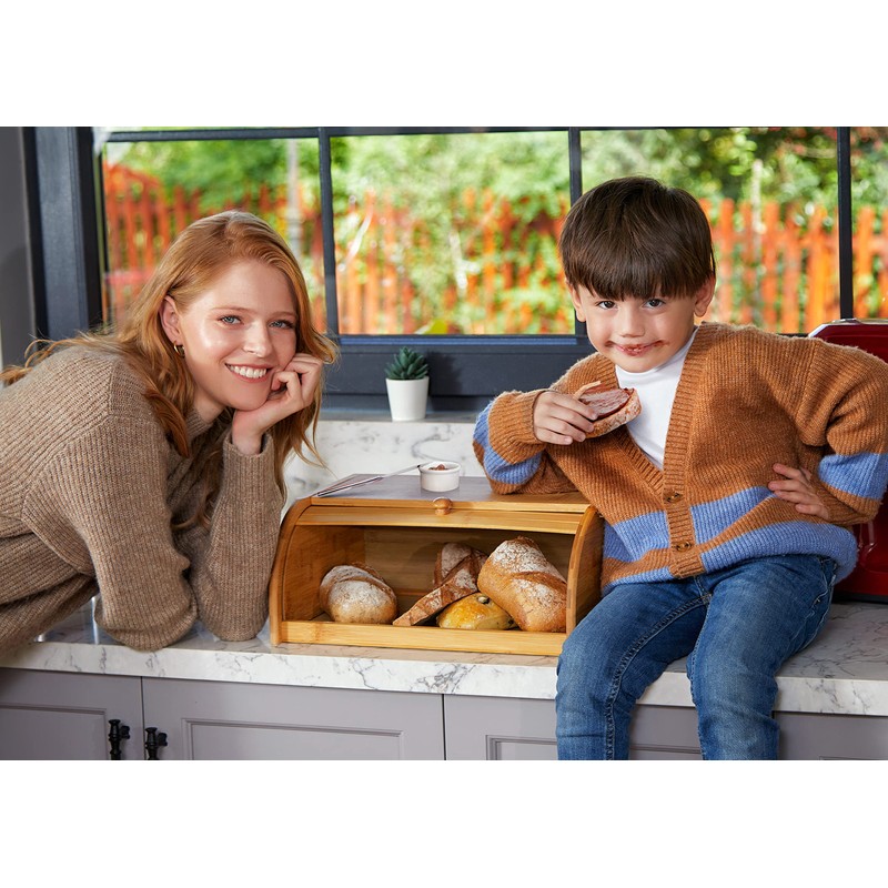 ROYALHOUSE Natural Bamboo Roll Top Bread Box Kitchen Food Storage