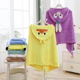 Imported Newborn Baby Bathrobe, Kids Coral Fleece Hooded Quick Dry Cape Bath Towel Light Purple + 90*150 4ea