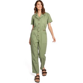 Lana Roux Womens Petite Aviator Utility Denim Jumpsuit (Olive, Small)