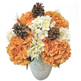 Fall Hydrangea Bouquet – 5 Stems, Orange Hydrangea Arrangement with Pine Cones & Wheat | Lifelike Real‑Touch Faux Flowers, Pre‑Arranged Harvest Centerpiece for Thanksgiving & Home Décor