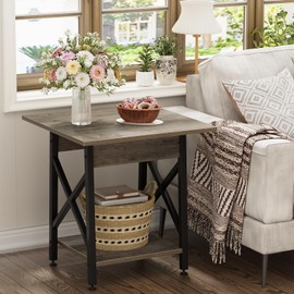 GreenForest End Table 24 inch for Living Room, Large Square Side Tables with X-Frame, Tall Industrial Bedside Nightstand with 2-Tier Storage, Gray Wash