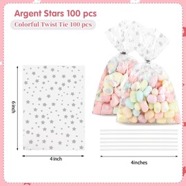LEOSINDA 100Pcs Cellophane Treat Bags,4 X 6 Inches Silver Star Printed Clear Cellophane Bags,100 Twist Ties,for Gift Wrapping,Packaging Candies,Dessert,Bakery, Cookies, Chocolate,Party Favor (Silver)