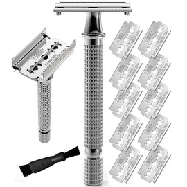 SHAVING Long Handle Double Edge Safety Razor - Butterfly Open Razor 10 Japanese Stainless Steel Double Edge Blades - Close, Clean Shaving Razor Men., Black Long Handle, 12 Piece Set - Color: Chrome