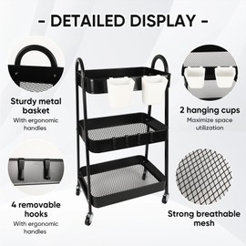 Ufriandz 3 Tier Metal Rolling Cart with Wheels & 2 Hanging Cups, Sturdy Slide Out Utility Cart with Casters Mobile Shelving Storage Organizer Trolley for Office Kitchen Bathroom Laundry Room, Black