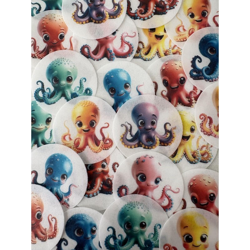Cute Octopus Pre-cut Wafer Cupcake Toppers, Round Edible Decorations, Assorted