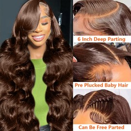 KAITHLYPO 13x6 32 Inch Chocolate Brown Lace Front Wig 200 Density Body Wave Brown Wig Human Hair Pre Plucked With Baby Hair Colored Body Wave Human Hair Wigs for Women