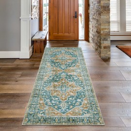 COZYLOOM 2x6 Vintage Runner Rug Medallion Distressed Accent Rug Aesthetic Boho Chenille Entryway Hallway Runners Low Pile Non-Slip Washable Rug Runner for Kitchen Laundry Green/Orange
