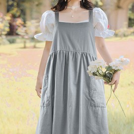 Cotton Linen Apron Cross Back Work Apron for Women with Pockets Pinafore Dress X Cross Halter Apron for Baking Chef Gardening (Grey)