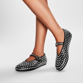 Arqa Women's Rhinestone Ballet Flats Sparkly Crystals Ballerina Shoes Buckled Straps Mesh Mary Jane Flat Casual Low Heels Black