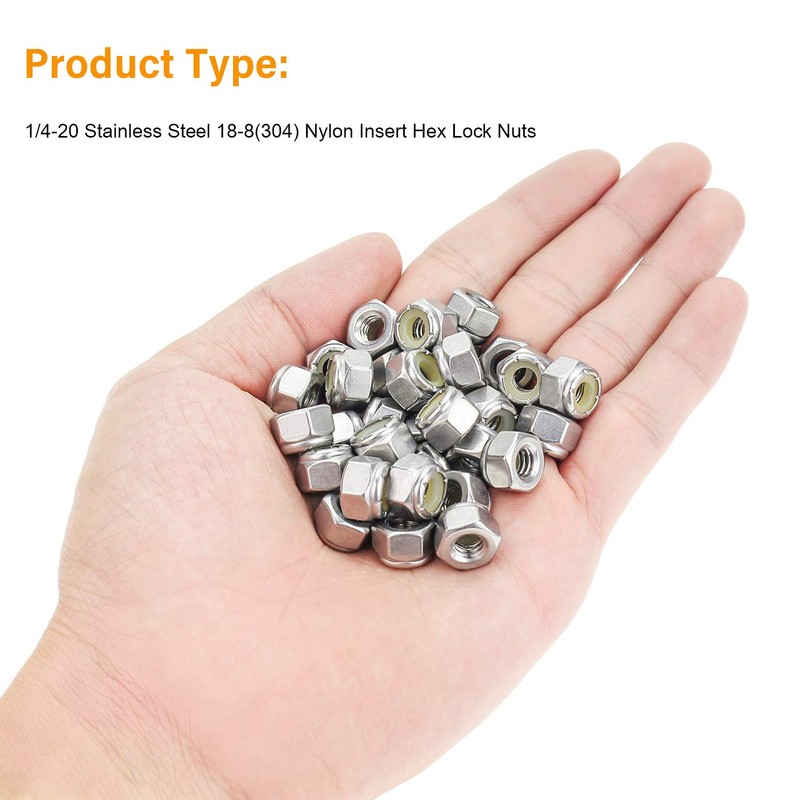 Powlankou 60 Pieces 1/4"-20 Nylon Insert Hex Lock Nuts, 304