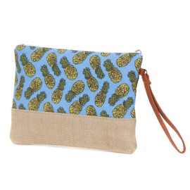 Cotton Canvas Two-Tone Cosmetic Bag Make Up Clutch Bag (10.5"W x 7.5"H, Blue Pineapple (Jute Bottom))